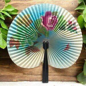 Vintage Chinese Folding Fan Floral Design Flowers Butterfly Round